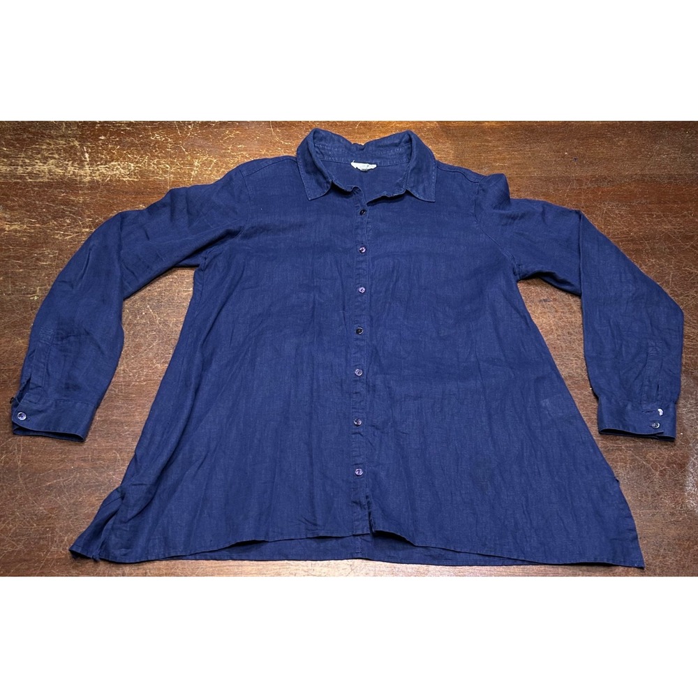 Eileen Fisher Tunic Top Small Blue Organic Linen Button Up Shirt Womens Casual